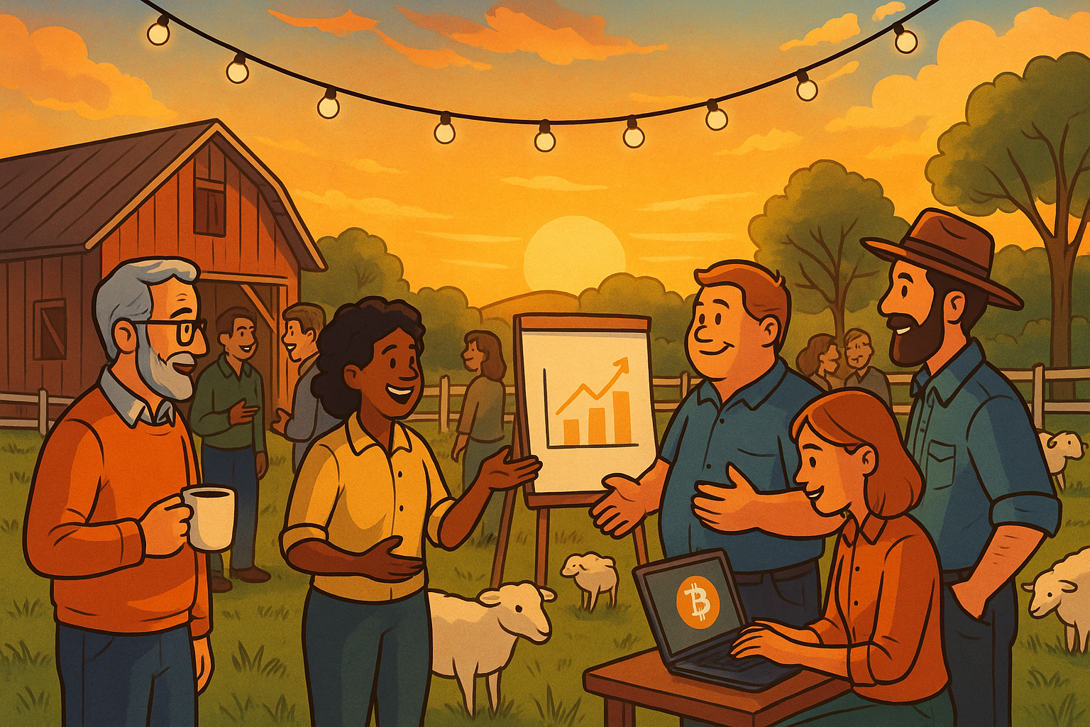 Cartoon-style illustration of an entrepreneur meetup in Devine, TX with diverse people networking and a sunset backdrop